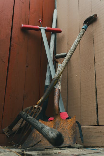 A collection of gardening tools, including a rusty shovel with a curved metal blade and wooden handle, a garden fork with a rusted metal head and wooden handle, a small rake with a black plastic head